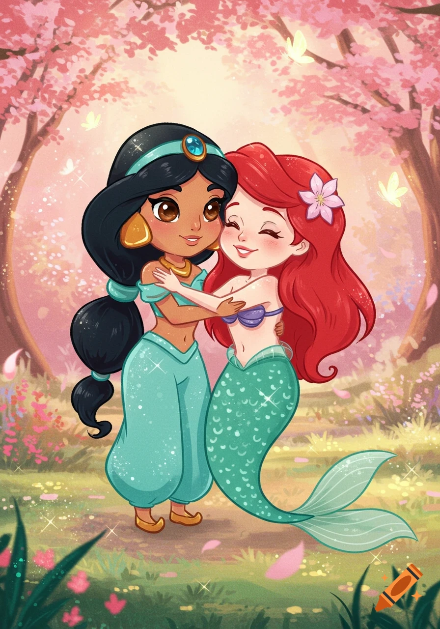 Cute cartoon chibi Princess Jasmine in teal hugging Princess Ariel as a mermaid in a pink cherry blossom forest.