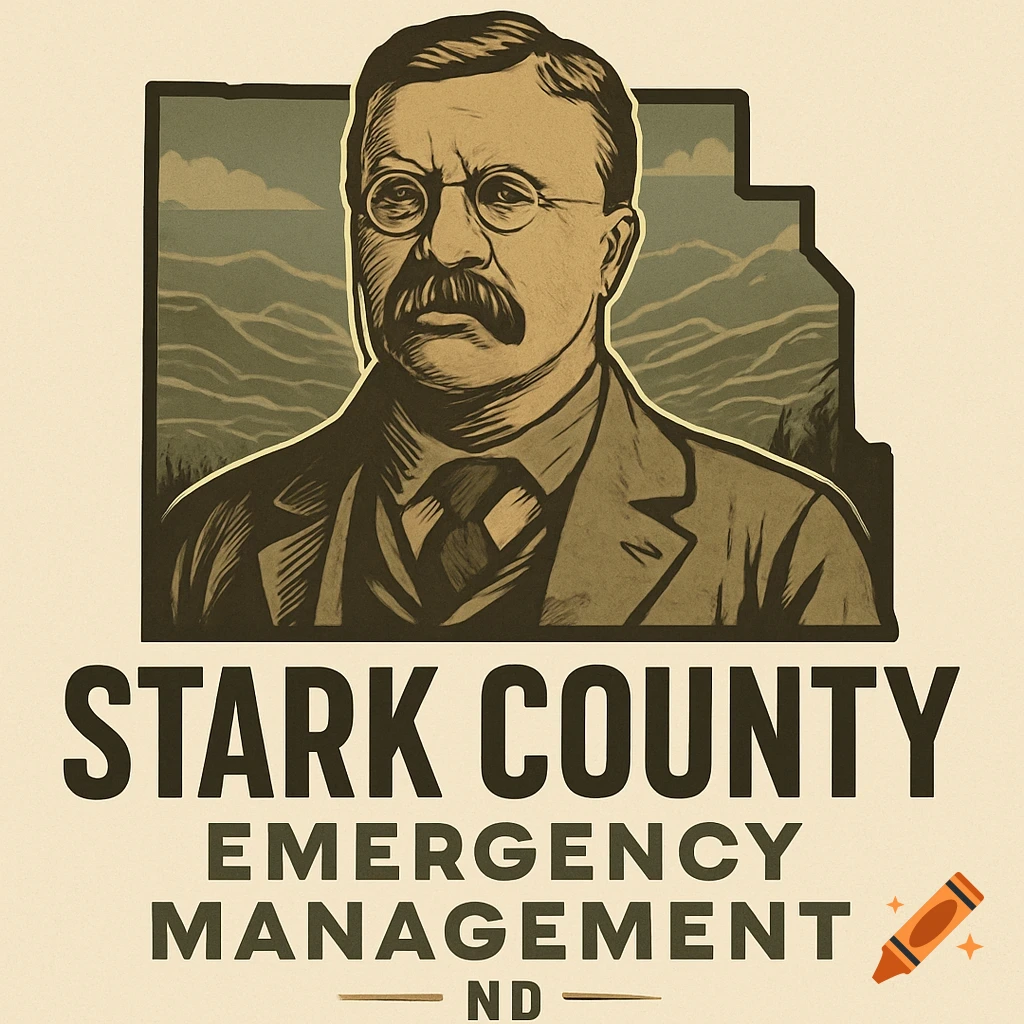 Stylized logo featuring a stern Theodore Roosevelt with text 'STARK COUNTY EMERGENCY MANAGEMENT ND' in a vintage illustration style.