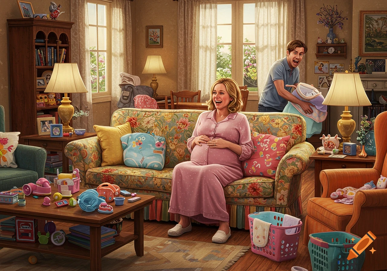 A very pregnant woman sits on a floral sofa, smiling, touching her belly, as a man in the background holds baby clothes. Toys and baby items are scattered around a cozy living room.