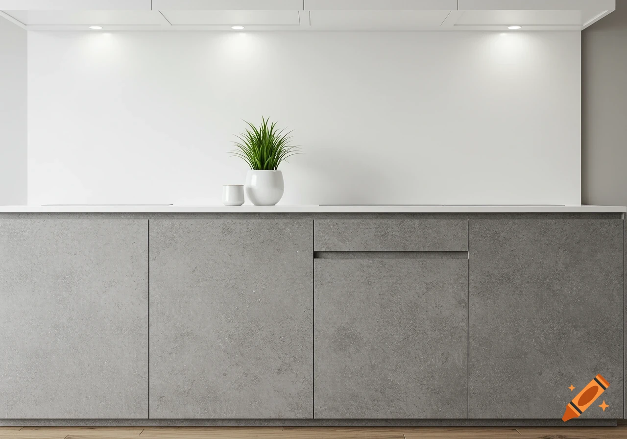 Modern kitchen with concrete-textured lower cabinets, white countertop, and backsplash, featuring a potted plant and cup.