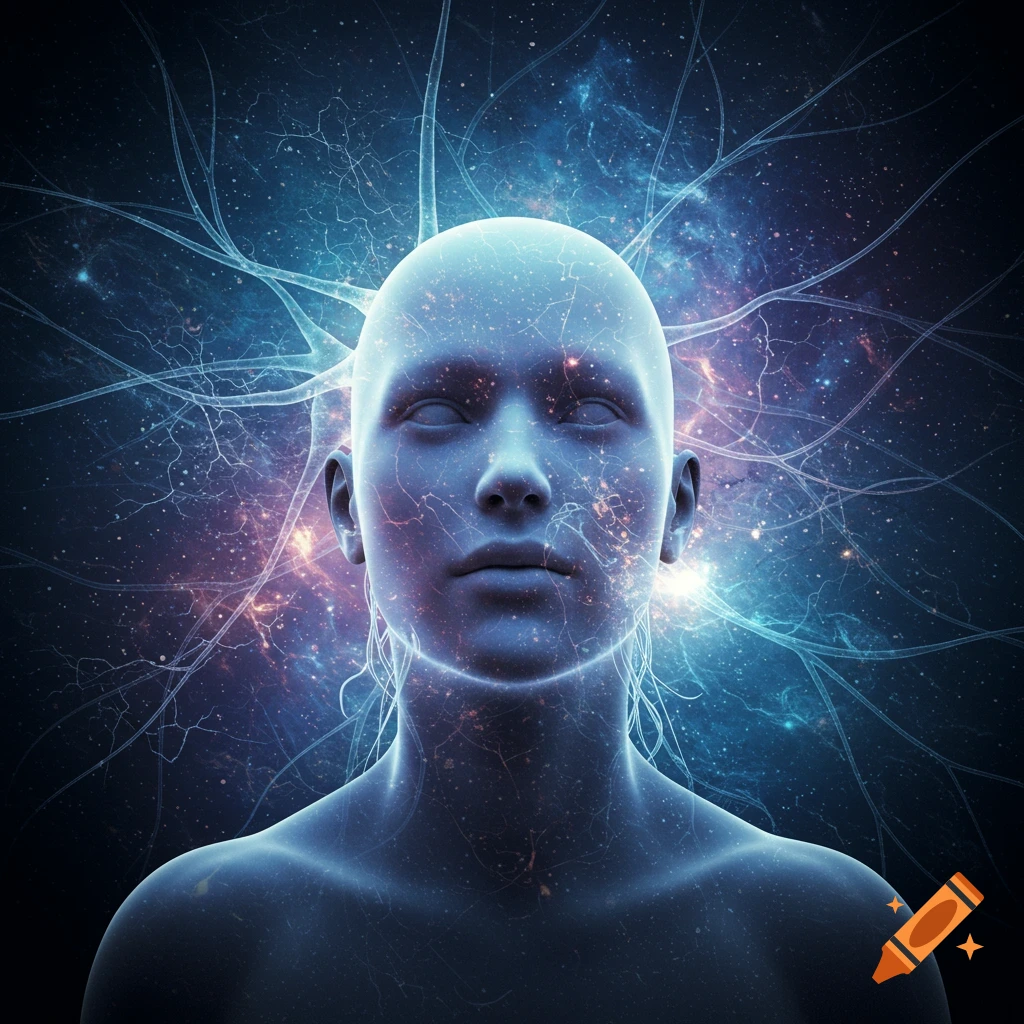 Ethereal human head with glowing neural and cosmic patterns against a dark, starry background.