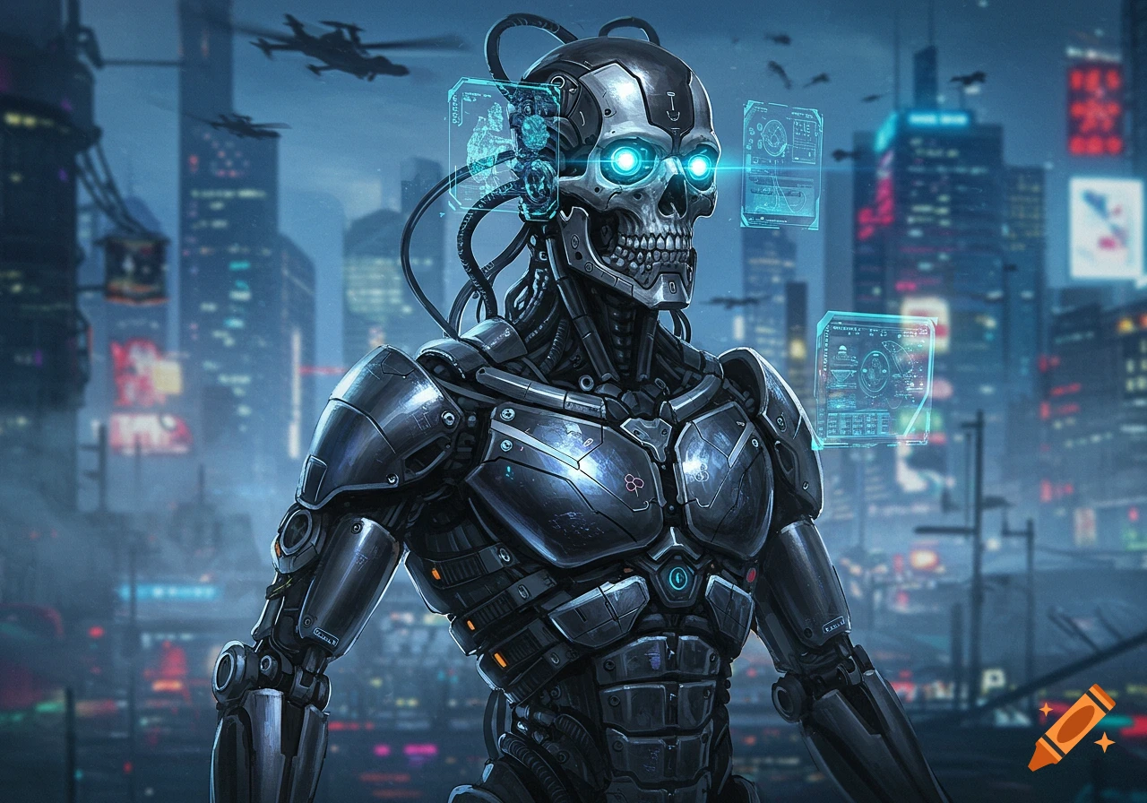 A metallic cyberpunk robot with a skull-like head and glowing blue eyes, surrounded by holographic screens, in a futuristic city at night.