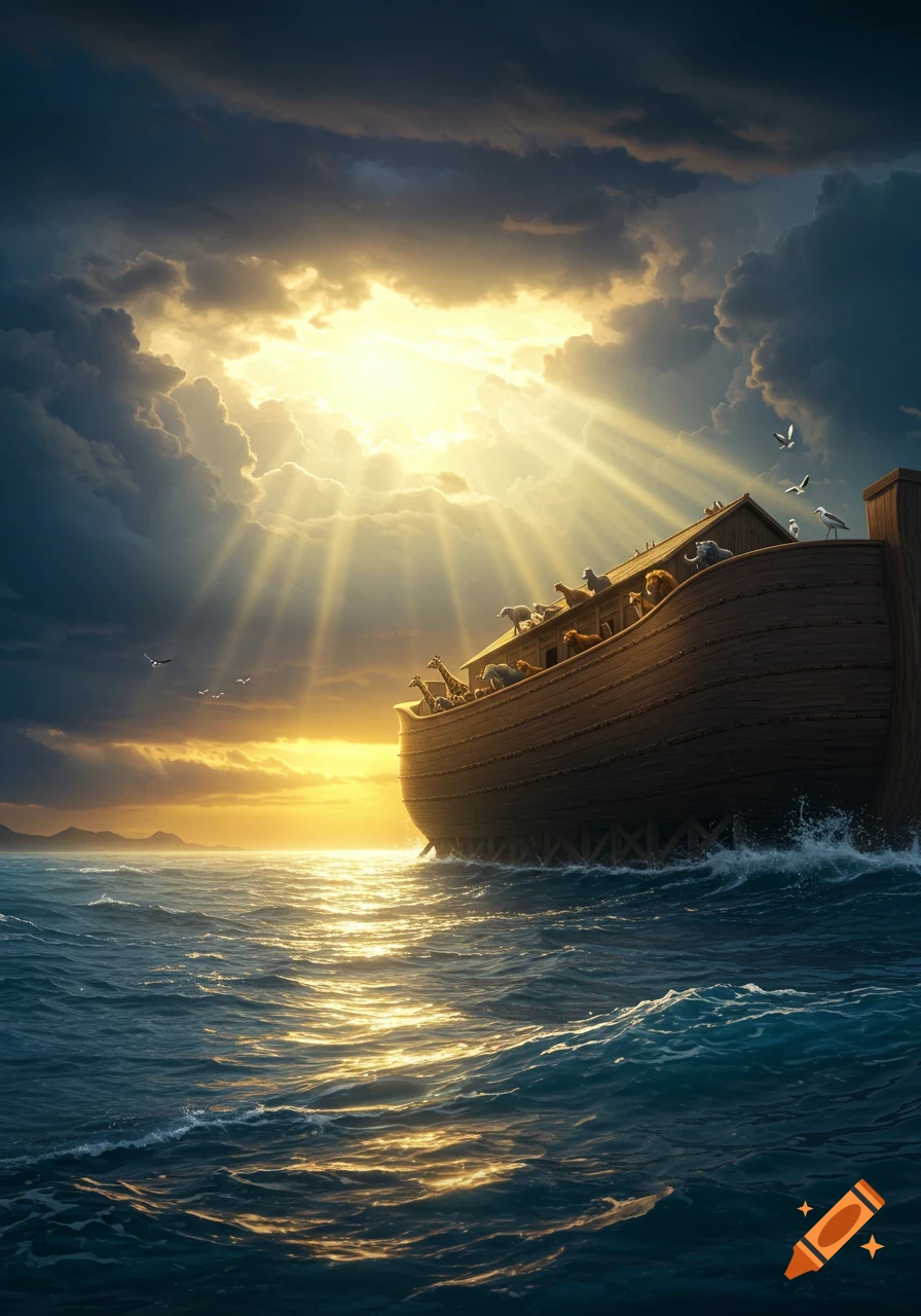 Noah's Ark on a stormy sea at sunrise, animals on deck, sun rays breaking through dark clouds.