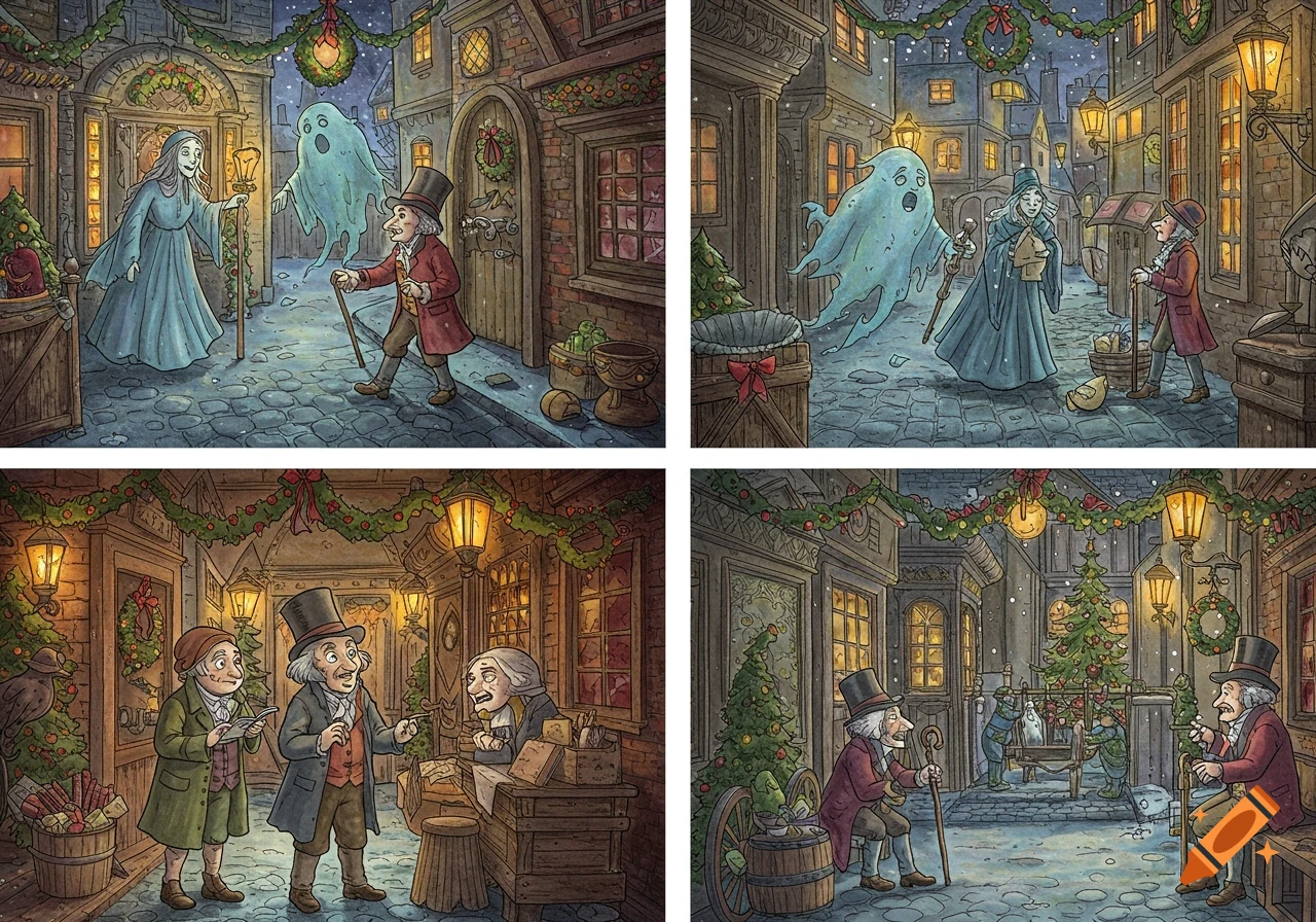 Four-panel cartoon illustration of A Christmas Carol scenes with characters, ghosts, and festive street settings.