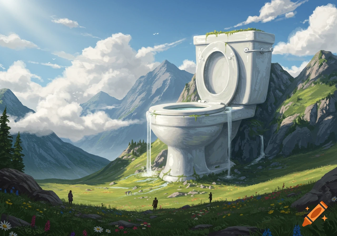 A giant toilet forms a waterfall in a vast green mountain valley, with small human figures.