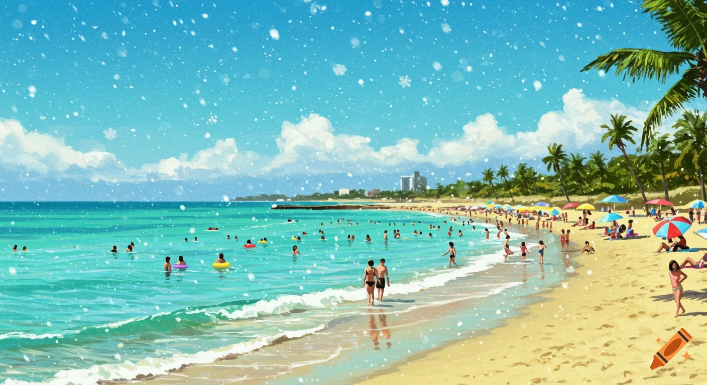 A vibrant illustration of a crowded summer beach with people swimming and relaxing, while snow gently falls from a clear blue sky.
