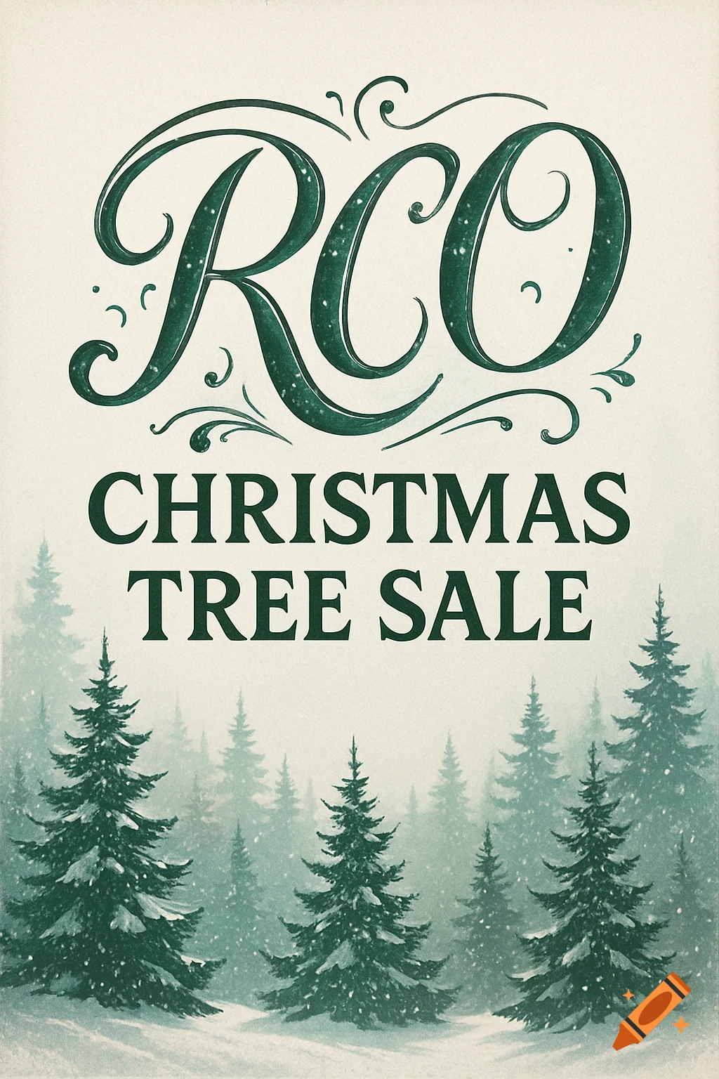 A vintage-style poster advertising an RCO Christmas tree sale, featuring dark green text over a snowy forest scene.