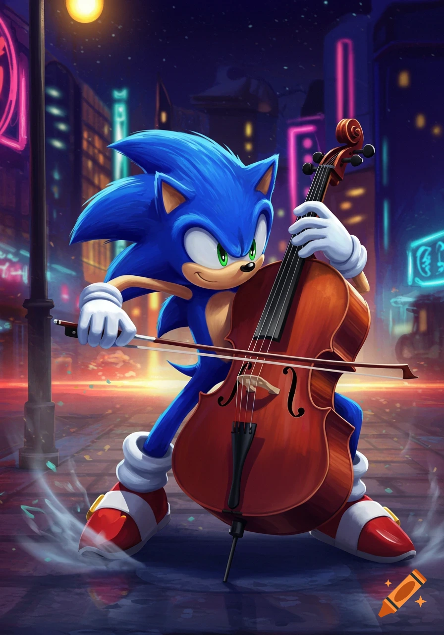 Sonic the Hedgehog plays a cello in a vibrant, neon-lit city street at night, in an illustrated style.