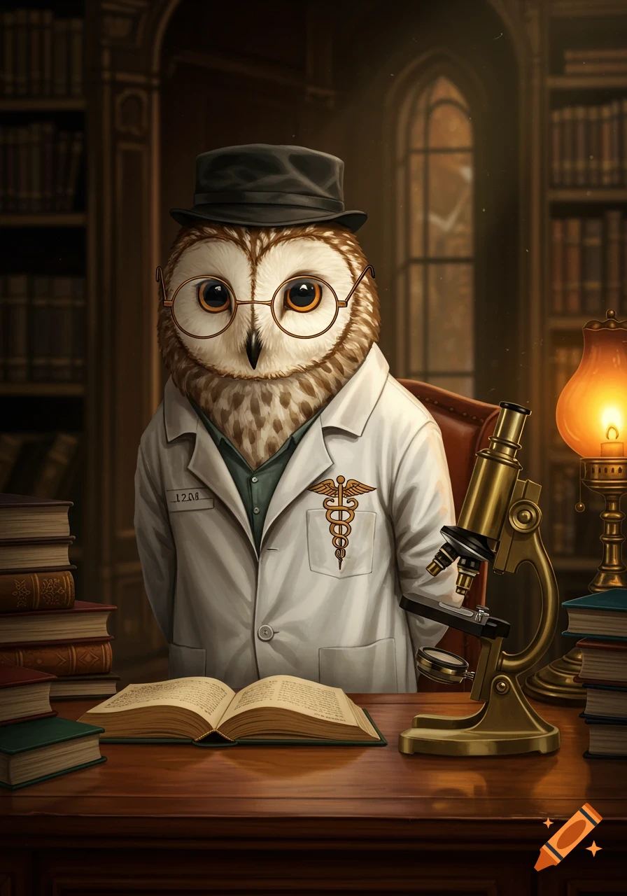 An owl wearing a doctor's coat and glasses sits at a desk with an open book, a microscope, and an old-fashioned lamp in a library setting.