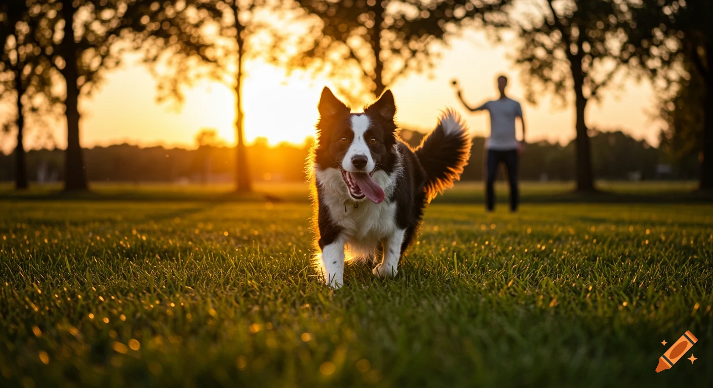 Photorealistic image of a happy Border Collie running through a grassy field at sunset, with a person in the background.