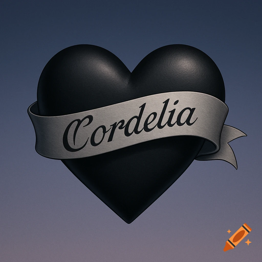A black heart with a gray banner across it, bearing the name 'Cordelia' in script.