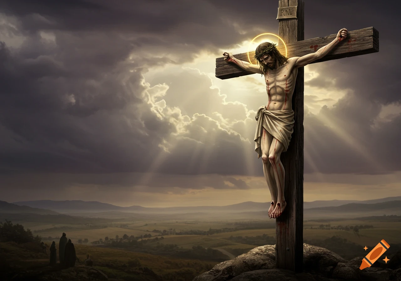 Jesus hangs on a wooden cross on a hill under a dramatic sky with light rays, overlooking a vast landscape.