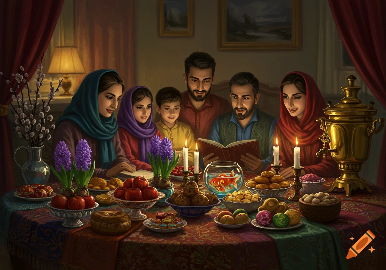 An illustration of an Iranian family gathered around a Haft Sin table, illuminated by candlelight, as a man reads from a book.