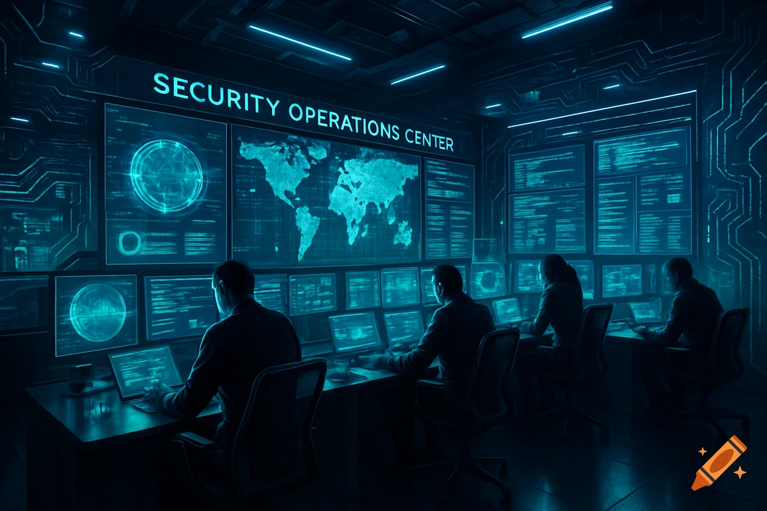 Four people work at computers in a dark, glowing blue security operations center with large screens displaying a world map and data.