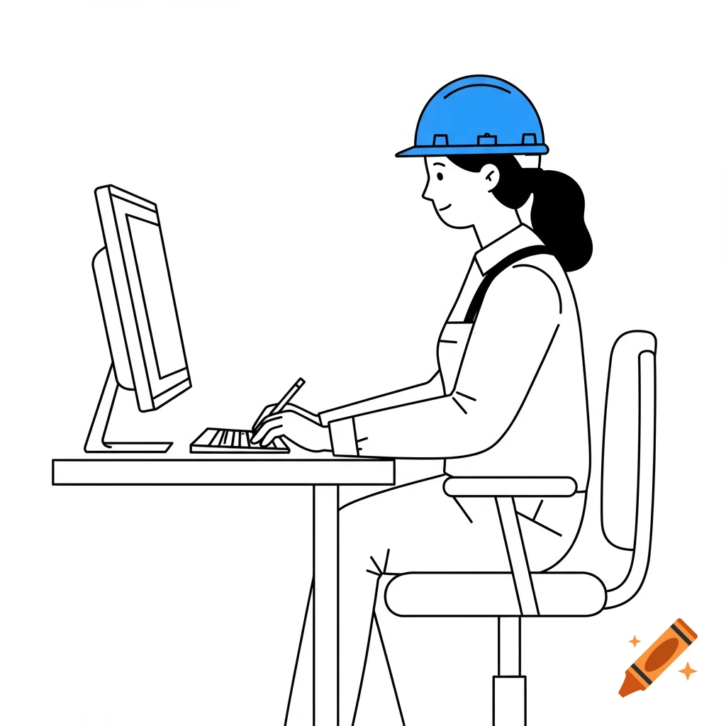 Line art illustration of a female construction worker in a blue hard hat, working at a computer.