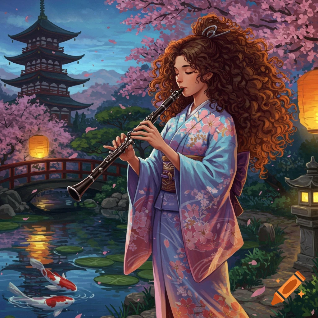 Anime illustration of a curly-haired woman in a kimono playing clarinet in a Japanese garden with cherry blossoms, pagoda, and koi.