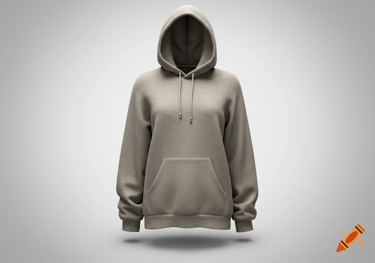 Photorealistic beige knit hoodie with drawstring and front pocket, suspended against a light gray background.