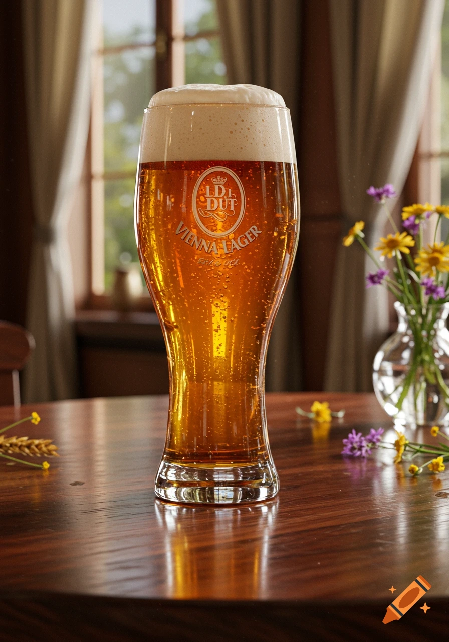 A foamy glass of Vienna lager beer sits on a reflective wooden table with flowers and a window in the background.