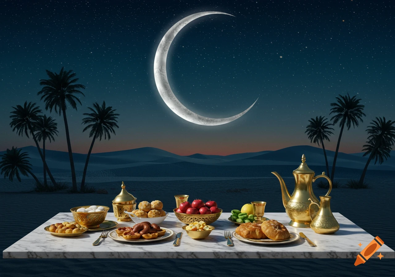 A lavish meal on a marble table at night in a desert, beneath a crescent moon and palm trees, with dunes in the background.