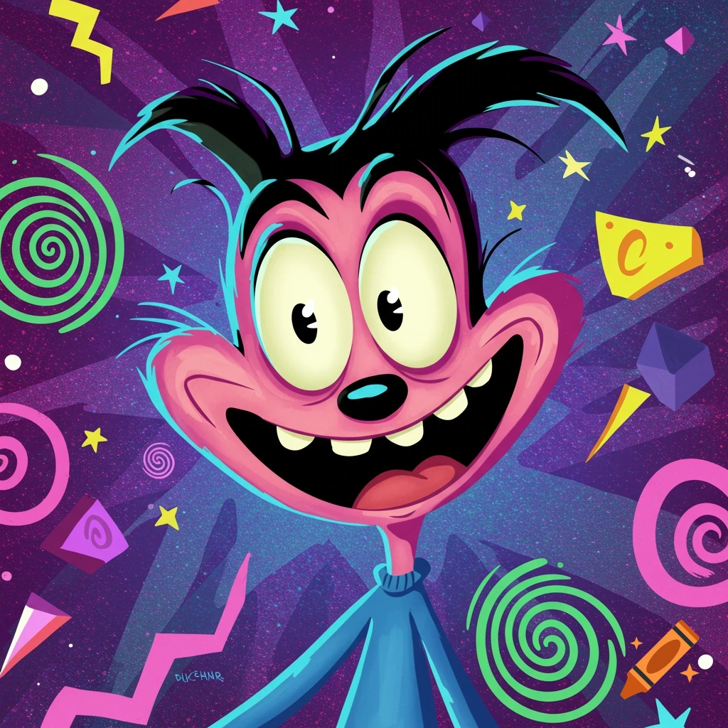 A wide-smiling, pink-skinned cartoon character with spiky black hair and big eyes, wearing a blue sweater, against a vibrant purple background with abstract shapes in Klasky Csupo animation style.