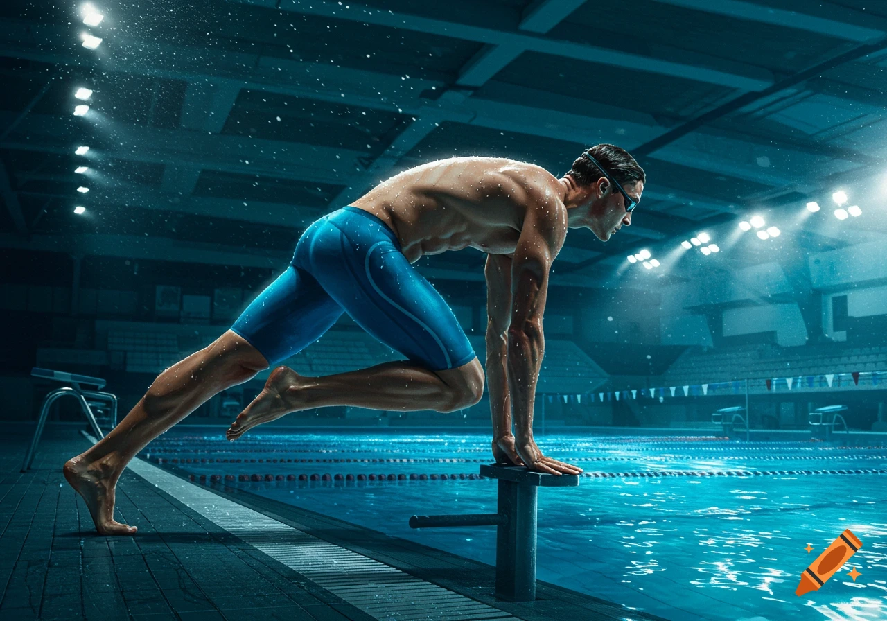 Muscular male swimmer in blue trunks on a starting block, poised to dive into a brightly lit pool.