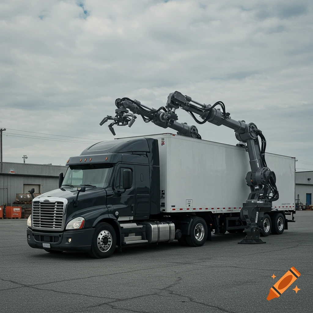 Photorealistic dark grey semi-truck with multiple large industrial robotic arms attached to its white trailer in a parking lot.