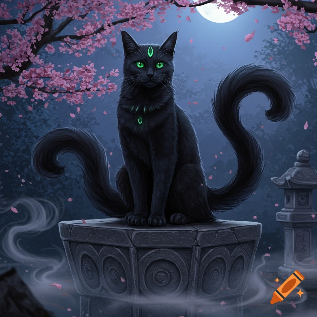 A two-tailed black cat with glowing green eyes sits on a stone pedestal under a cherry blossom tree and full moon in fantasy art.