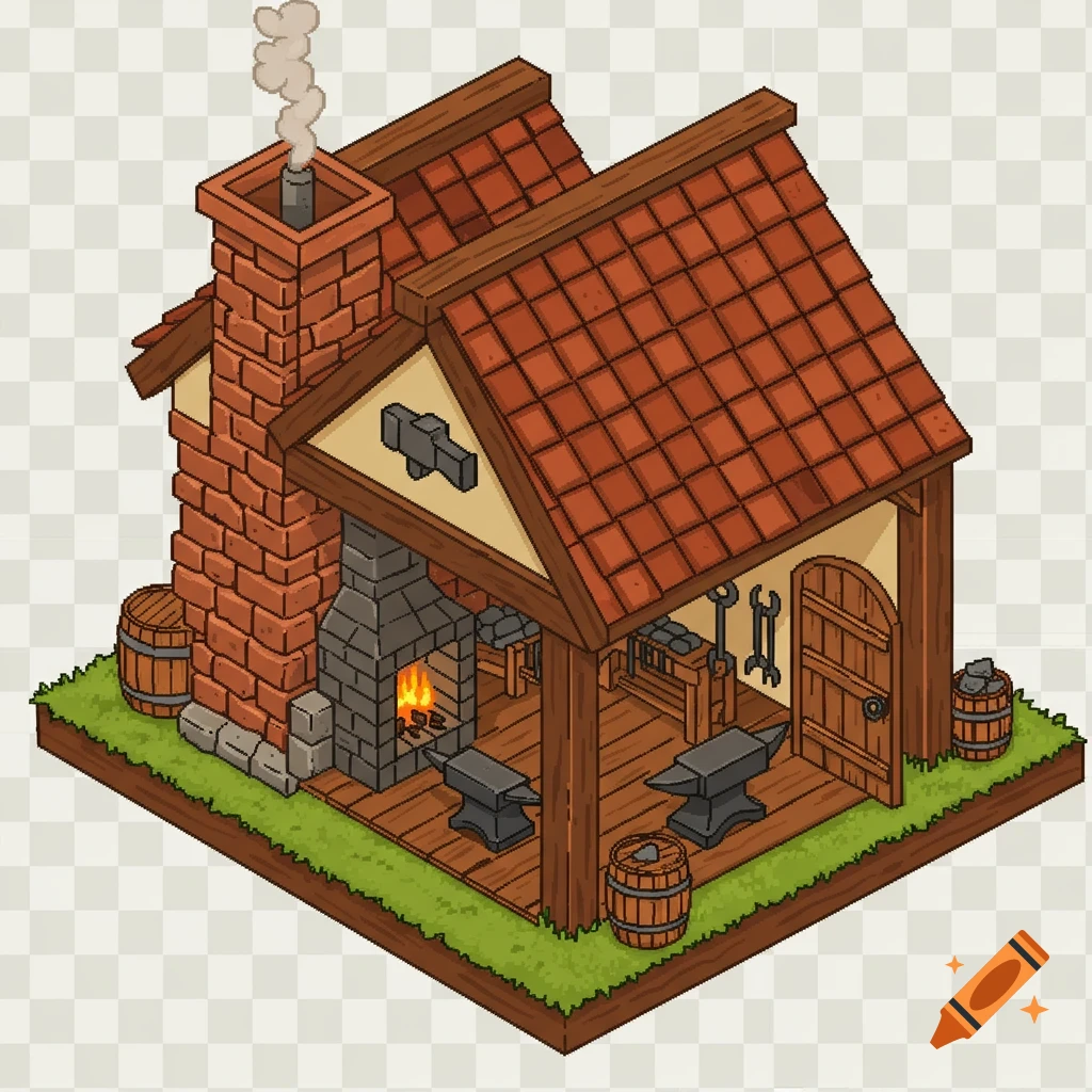 Isometric pixel art blacksmith shop with a brick chimney, tiled roof, forge with fire, anvils, and tools.