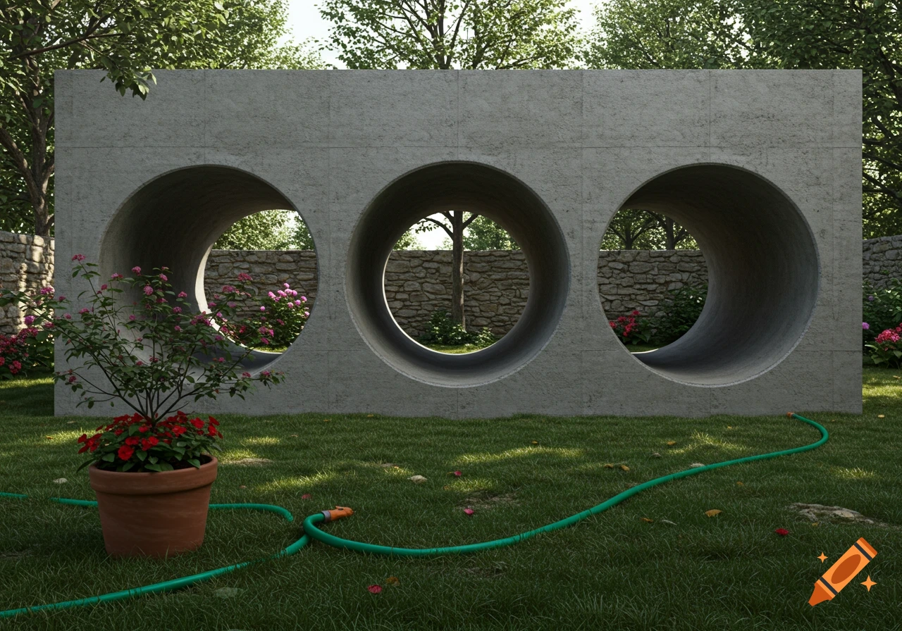 Photorealistic brutalist concrete wall with three circular openings in a lush green garden with a potted plant, hose, and trees.