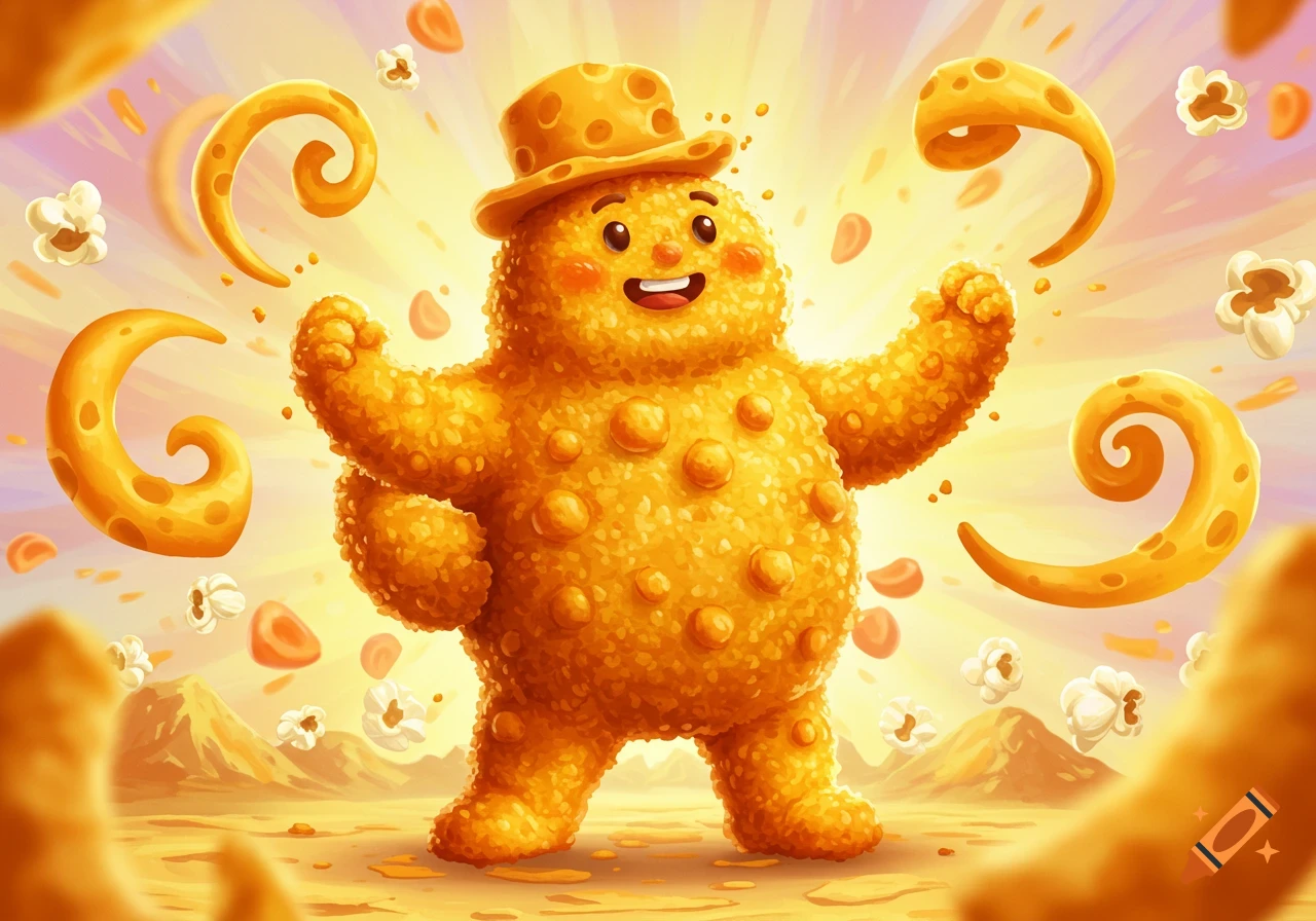 A cheerful, round cheeseball character wearing a cheese hat stands in a golden landscape with flying popcorn and cheese curls.