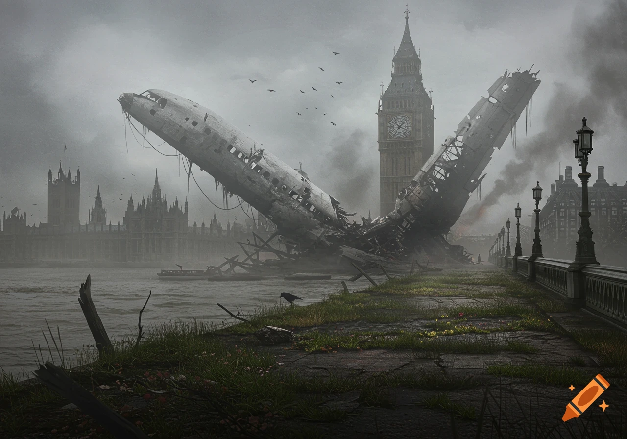Wreckage of a crashed airliner rests in a post-apocalyptic London with a partially destroyed Big Ben under a gloomy sky.