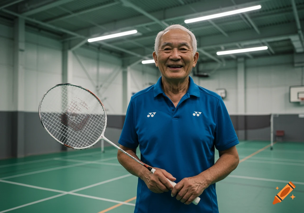 A smiling senior man in a blue polo shirt holds a badminton racket on a court.