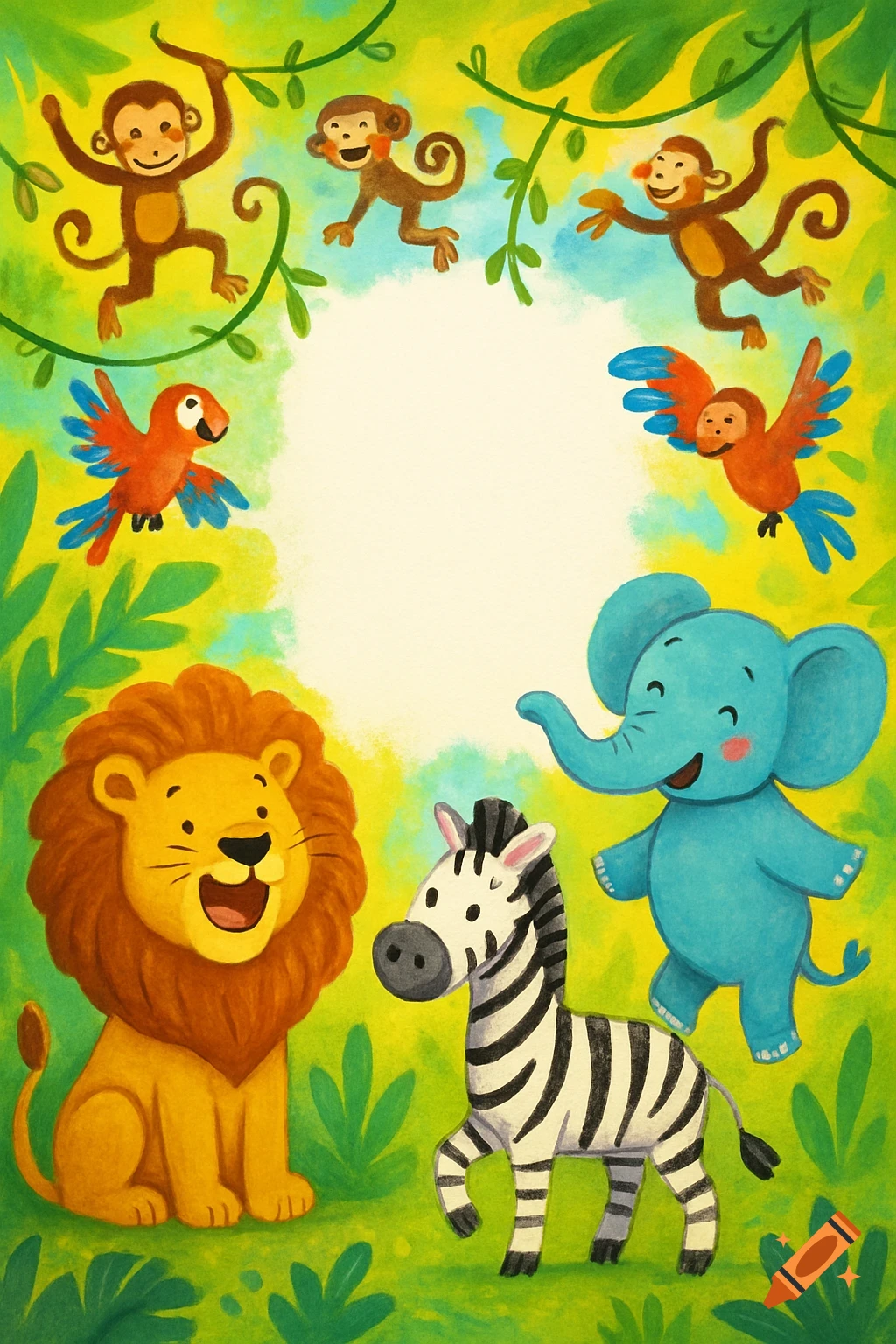 A vibrant cartoon illustration of jungle animals surrounding a blank central space, featuring a lion, zebra, elephant, monkeys, and parrots.