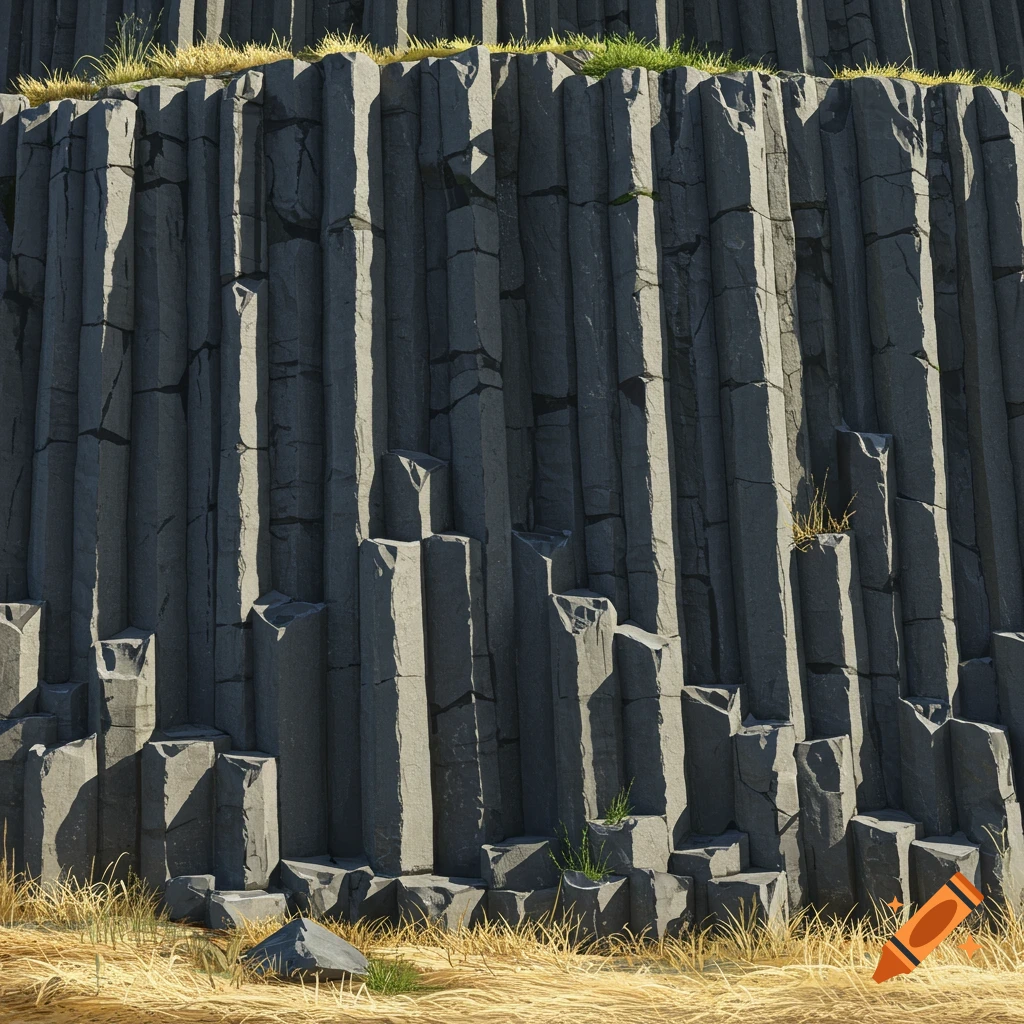 Photorealistic close-up of a steep cliff of dark grey volcanic basalt columns with hexagonal shapes and sparse grass.