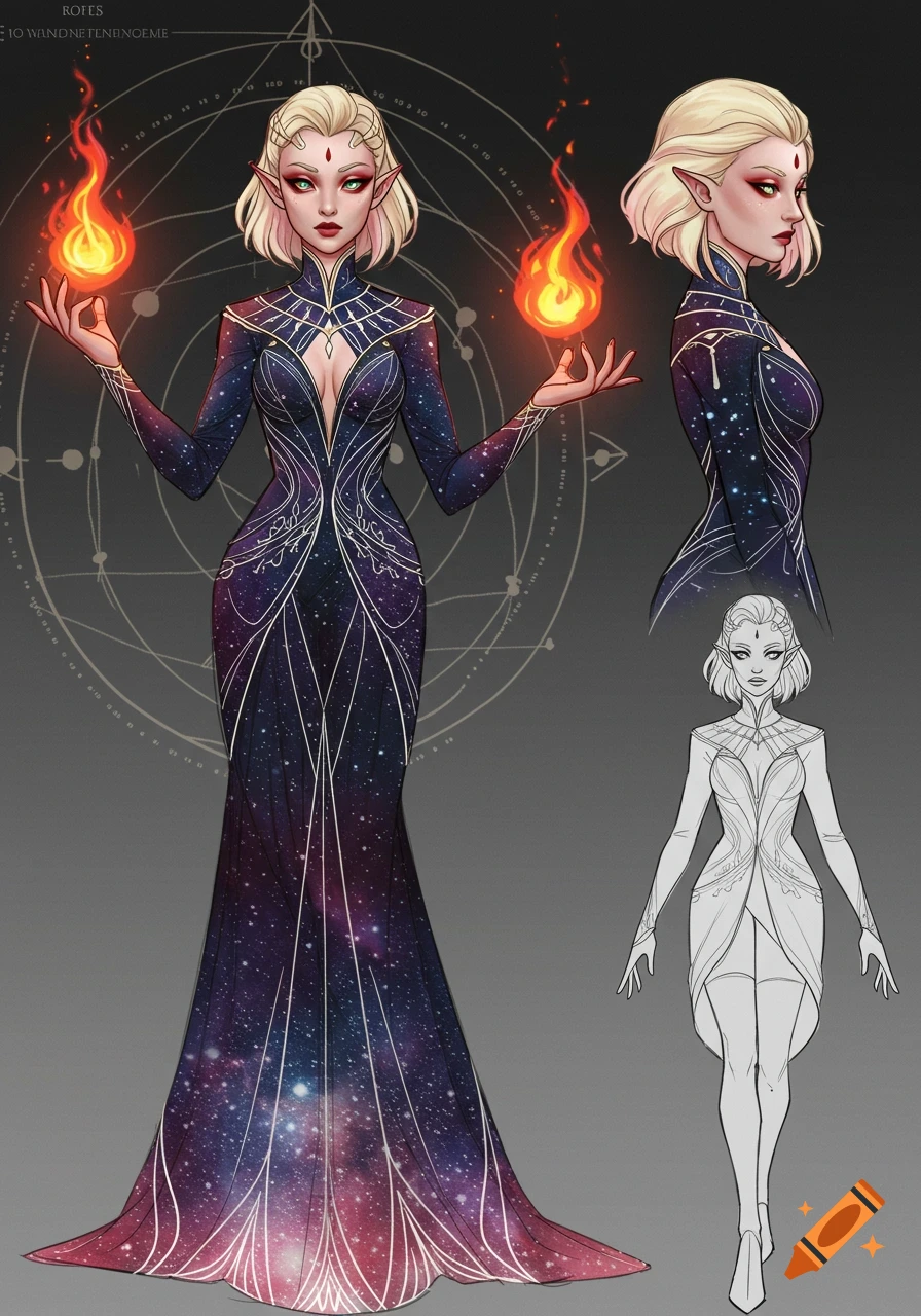 A female elf with blonde hair, emerald eyes, and small horns, in a galaxy-patterned dress, holding fire in her hands. Concept art character sheet.
