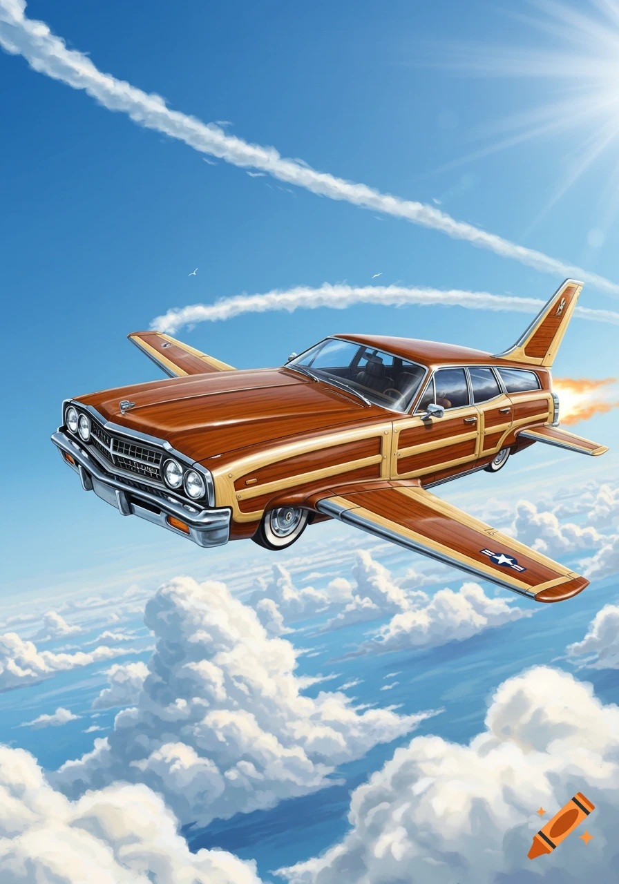 A wood-paneled station wagon with airplane wings and a tail fin flies through a bright, cloudy blue sky, leaving contrails.