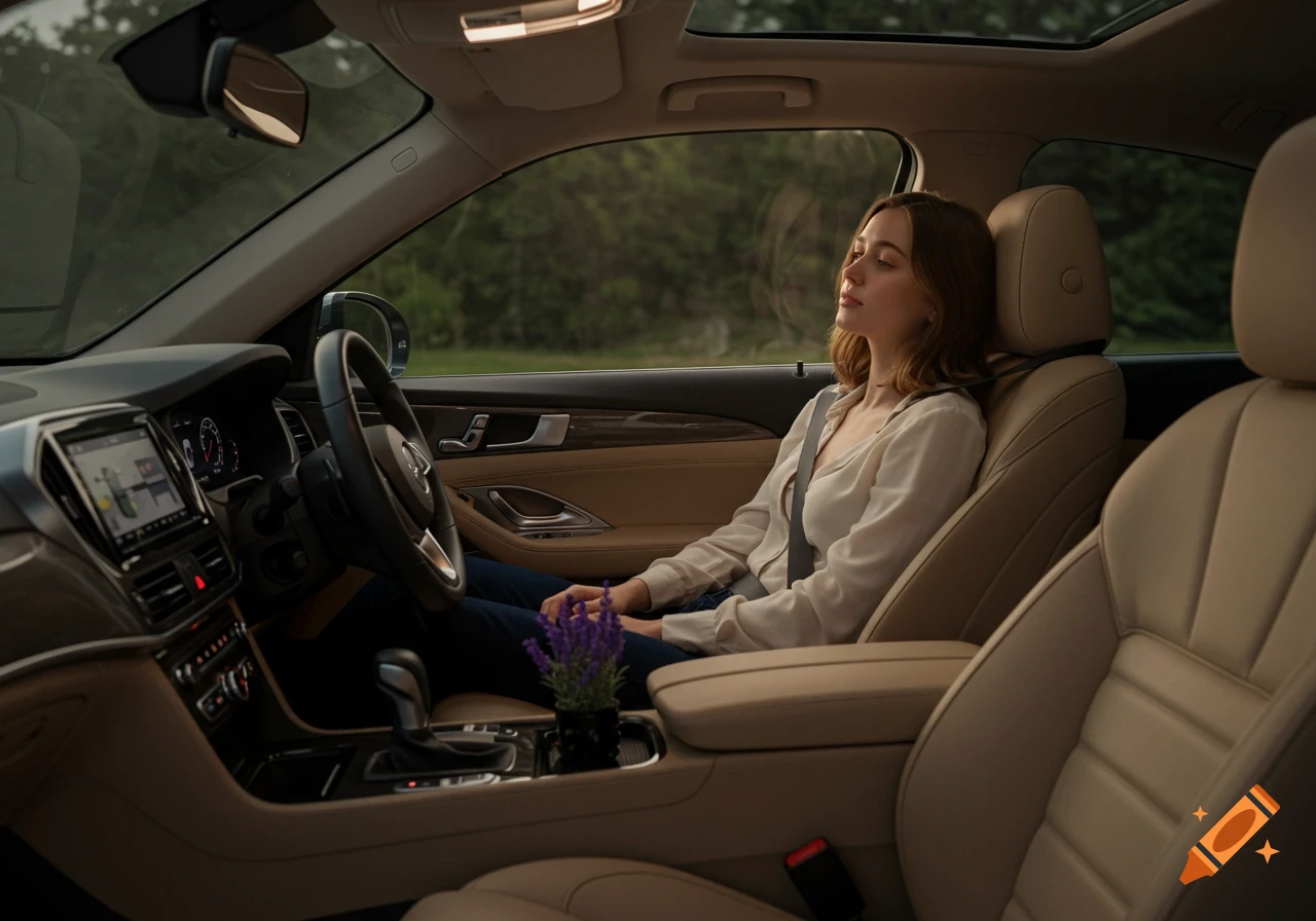 A young woman with closed eyes rests in the beige passenger seat of a modern car, sunlight streaming through the sunroof.