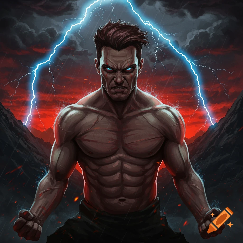 A muscular, angry man with glowing blue eyes, fists clenched, stands before a stormy red sky with lightning in comic art style.