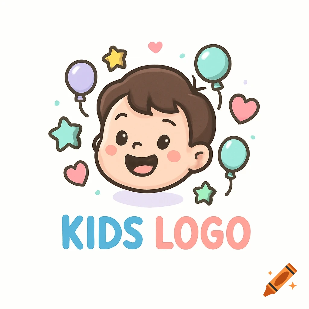 A cartoon logo featuring a happy boy's head surrounded by pastel balloons, stars, and hearts, with "KIDS LOGO" text.