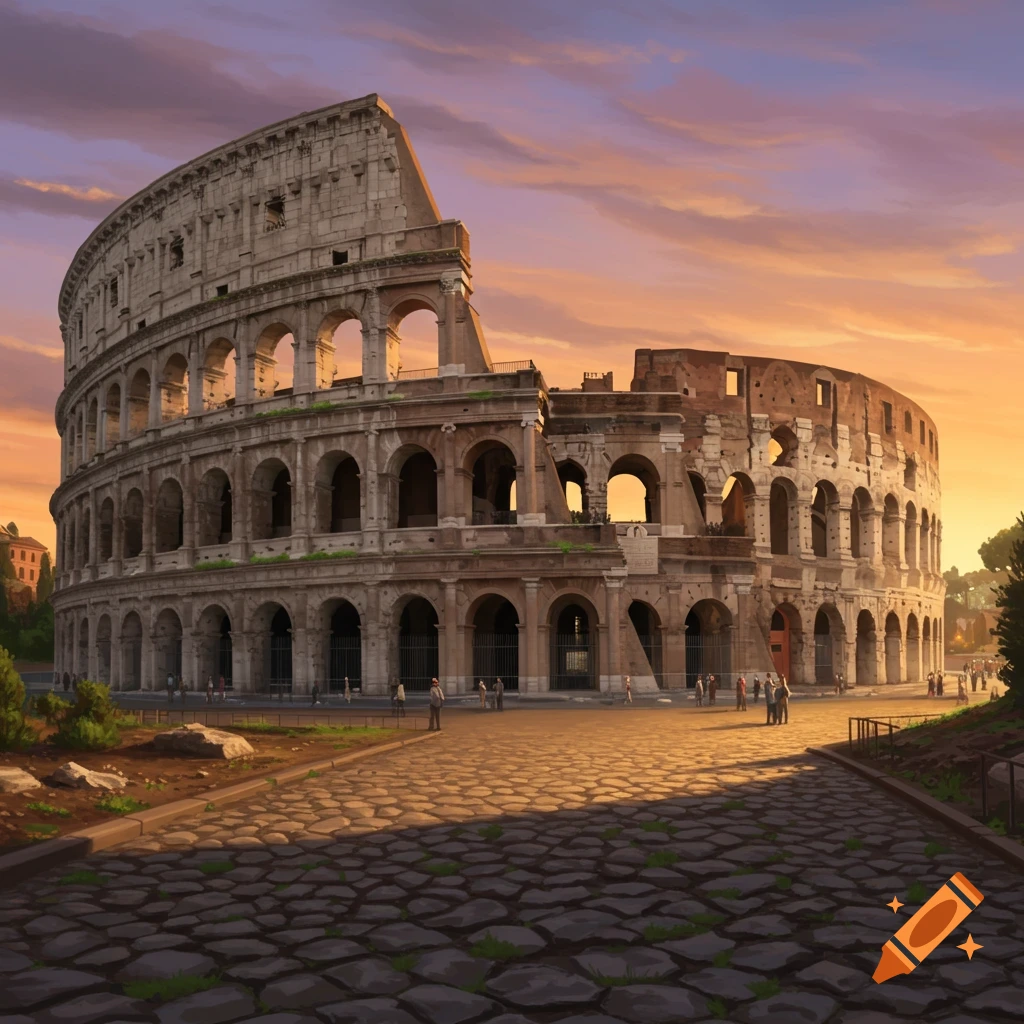 The Colosseum in Rome at sunset, rendered in a stylized illustration with warm orange and purple skies.