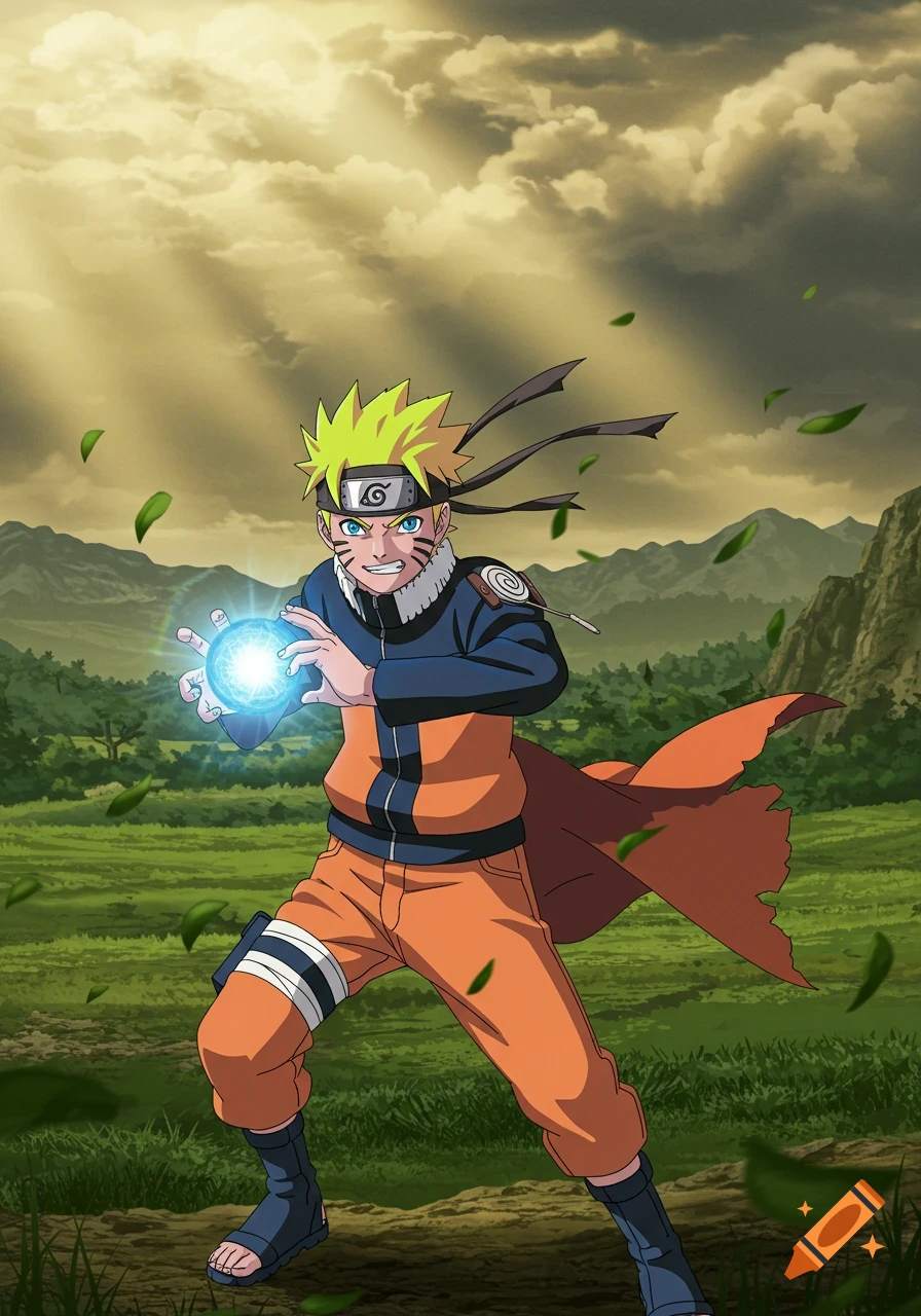 Naruto Uzumaki in orange and blue outfit, forming a glowing blue Rasengan, with a green landscape and cloudy sky.