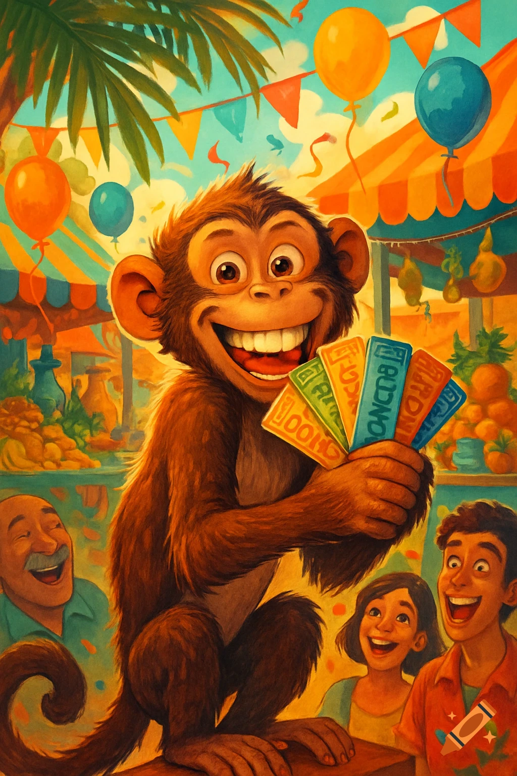 A smiling cartoon monkey holds a fistful of colorful, illegible tickets at a vibrant carnival with balloons and happy people.
