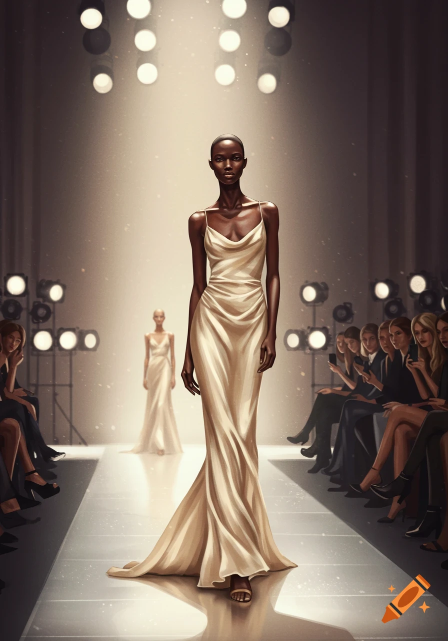 A dark-skinned model in a light slip dress walks a brightly lit runway, with an audience watching.