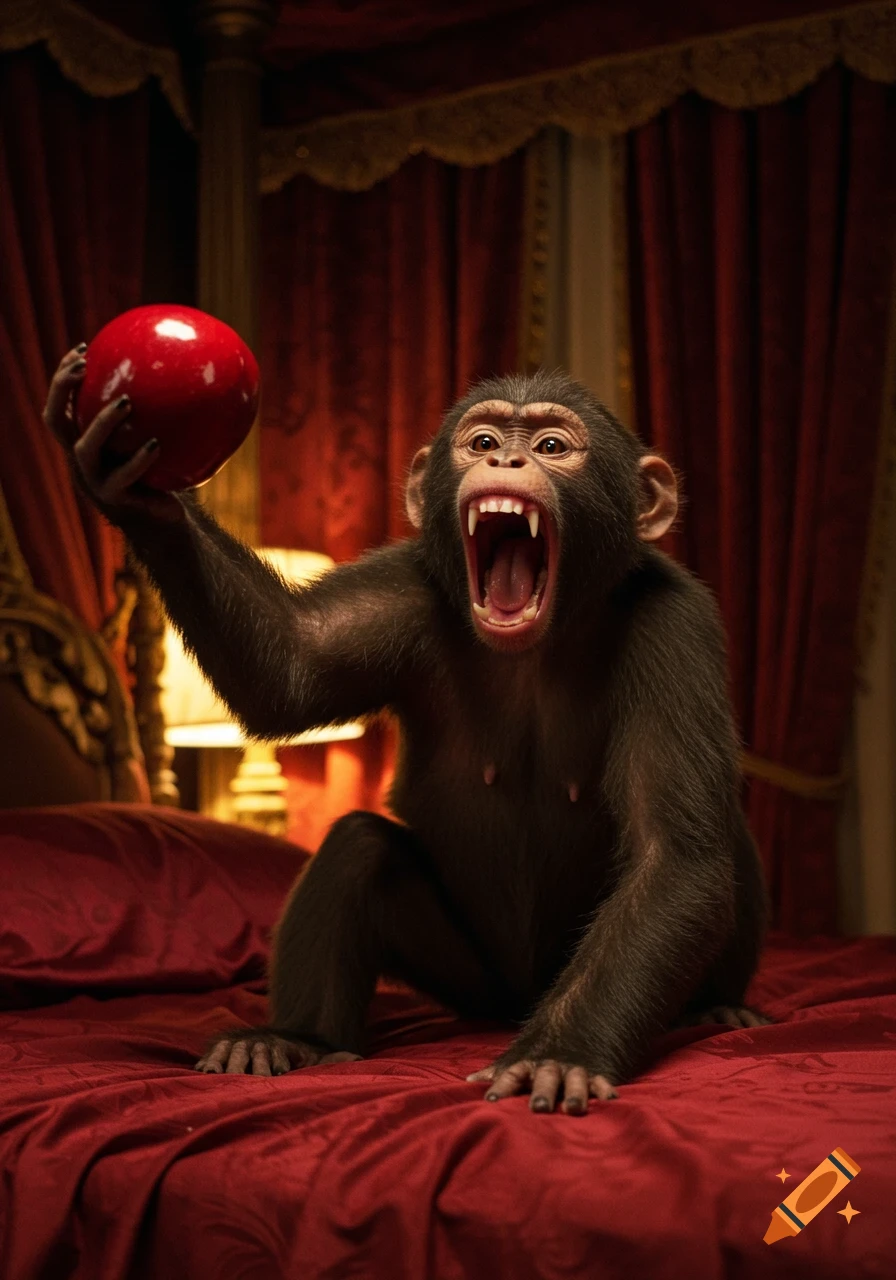 A realistic screaming monkey with bared teeth sits on a red bed, holding a shiny red ball.