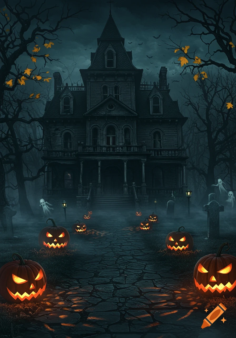 A spooky gothic haunted mansion on a dark, foggy Halloween night. Jack-o'-lanterns light a path with twisted trees and ghosts.
