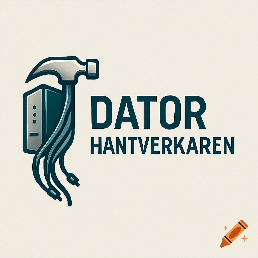 Logo featuring a silver hammer head merging into a teal computer tower with wires, next to bold text "DATOR HANTVERKAREN" on a light background.