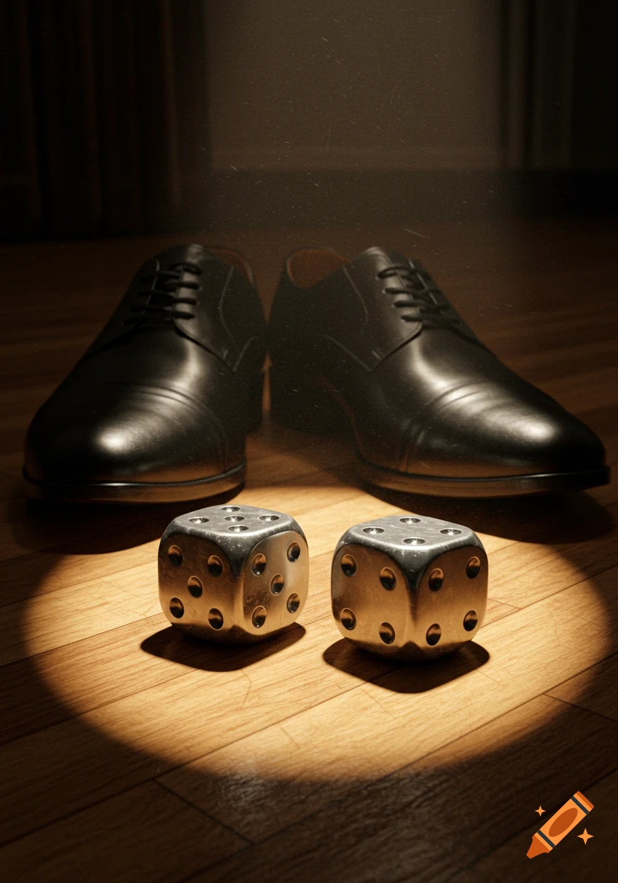 Two shiny metal dice lie on a wooden floor in a dramatic spotlight, with black dress shoes blurred in the background.