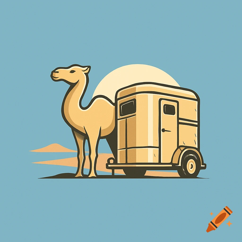 A stylized logo of a light brown camel standing next to a yellow hauling trailer in a desert landscape under a light blue sky.
