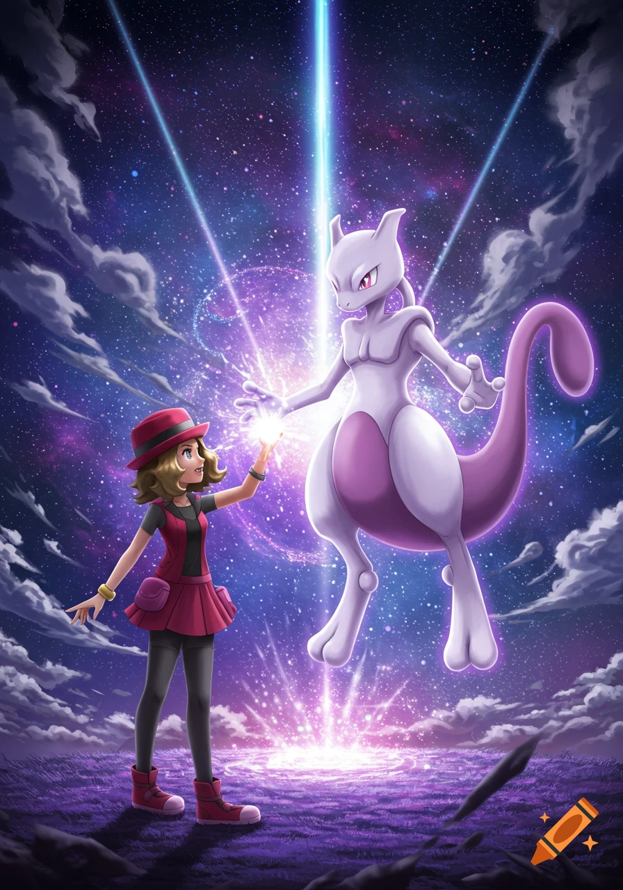 Vibrant digital art of Pokemon trainer Serena reaching for a glowing Mewtwo against a cosmic starry sky.