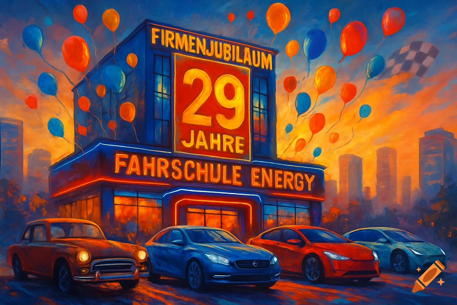 A vibrant painting of a driving school building celebrating 29 years, with balloons and cars in front at sunset.